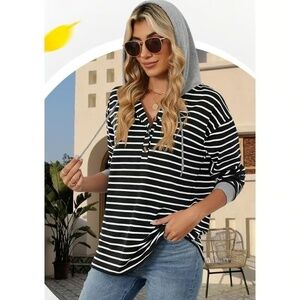 Women's Striped Hoodie - Oversized, Long Sleeve, Drawstring Pullover Small